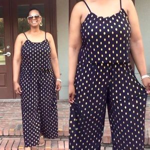 Womens Gold Foil Polka Dots Spaghetti Straps One-Piece Wide Leg Pants Jumpsuit